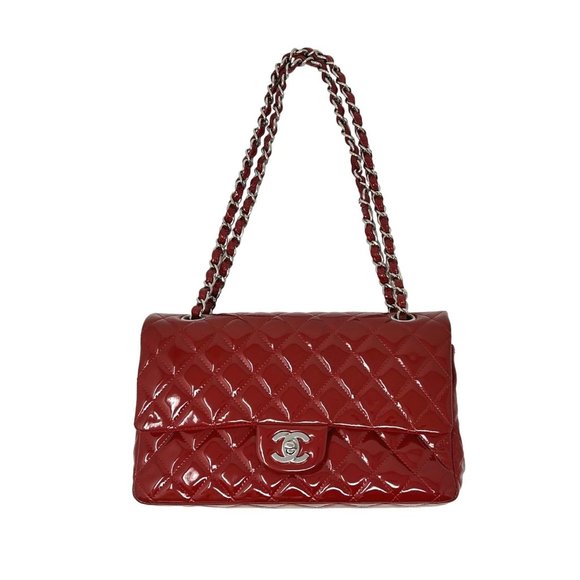 CHANEL Cherry Red Patent Leather Medium Classic Double Flap SHW - Picture 1 of 12